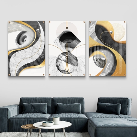שלישיית תמונות זכוכית בעיצוב אבסטרקט שחור, לבן וזהב עם טקסטורת שיש והדפסה מבריקה