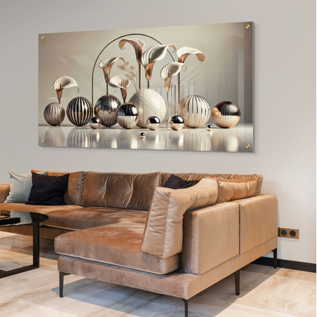 תמונת קיר מעוצבת על זכוכית עם פרחים מתכתיים ואלמנטים עגולים יוקרתיים