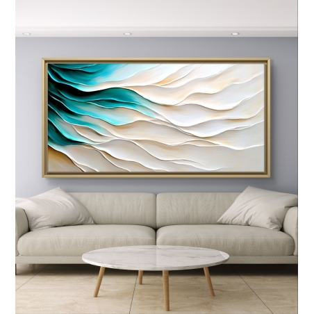 תמונת קנבס לרוחב עם עיצוב מופשט של גלים רכים בגוונים טבעיים של לבן, בז', טורקיז וחום, המעניקה תחושת רוגע והרמוניה לחלל.