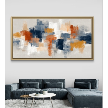 תמונת קנבס לרוחב בסגנון אבסטרקט עם משיחות צבע בגווני כחול, כתום וחרדל על רקע בהיר, מודפסת בהדפסה חלקה על קנבס איכותי.