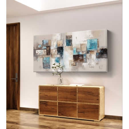 תמונת קנבס לרוחב בעיצוב אבסטרקטי עם צורות גאומטריות בגווני תכלת, בז’ ושמנת