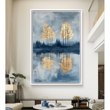 תמונת קנבס לאורך של עצים בגווני זהב על רקע כחול עם השתקפות באגם, הדפסה איכותית חלקה מבית תכשיט לבית