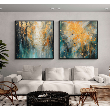 זוג תמונות אבסטרקט ירוק וזהב מיוחדות לחדר השינה או לסלון דגם 2006232