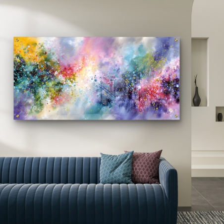 תמונת זכוכית לרוחב עם פיצוץ צבעים בוהקים בסגנון מופשט על רקע מבריק