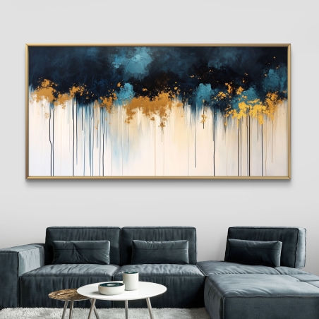 תמונת קנבס לרוחב בגווני כחול עמוק, זהב ושמנת, בסגנון אבסטרקטי מודרני, עם הדפסה חלקה באיכות גבוהה