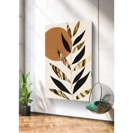 תמונת קנבס מודרנית עם איור של עלים בשחור וזהב ושמש בגוון טרקוטה מתוך קולקציית תכשיט לבית