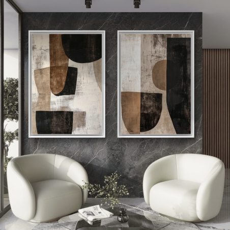 זוג תמונות קנבס בסגנון אבסטרקטי-גיאומטרי בגווני שחור, חום, בז' ולבן, המעניק לכל חלל תחושת עומק, אלגנטיות ואיזון אמנותי.