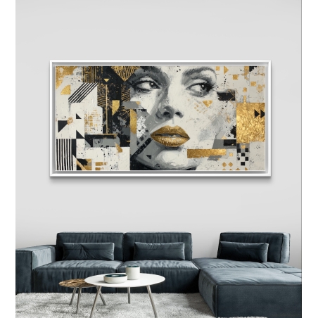 תמונת קנבס יוקרתית עם דיוקן נשי בגווני שחור, לבן וזהב בעיצוב מודרני מבית תכשיט לבית