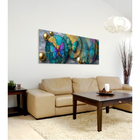 תמונת זכוכית פנורמית עם פרפרים צבעוניים בגווני טורקיז, כחול וזהב על רקע אמנותי – יצירה ייחודית מבית תכשיט לבית