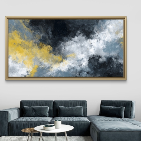 תמונת קנבס לרוחב בגווני כחול כהה, שחור, אפור ולבן עם נגיעות צהובות, בעיצוב מופשט ובהדפסה חלקה ואיכותית