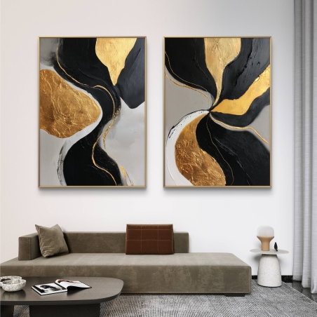 זוג תמונות קנבס אבסטרקט בצבעי שחור וזהב – עיצוב יוקרתי מקולקציית תכשיט לבית