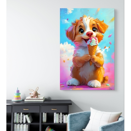 תמונת קנבס של כלבלב מצויר מחזיק גלידה צבעונית, על רקע שמיים בגווני תכלת וורוד – מודפסת באיכות גבוהה על קנבס חלק.