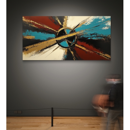 תמונת קנבס לרוחב עם עיצוב אבסטרקטי בצבעים עזים של כחול, אדום, זהב ושחור המתאימה לעיצוב מודרני לבית.