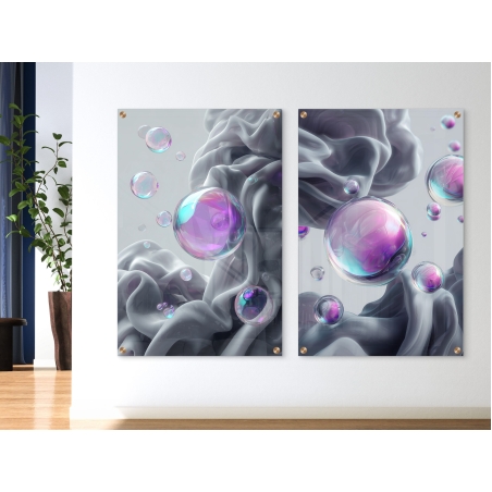 זוג תמונות זכוכית מעוצבות עם בועות שקופות בגווני סגול וטורקיז מעל רקע אפור רך בעיצוב מודרני ויוקרתי מבית תכשיט לבית – NEXTGEN BY BAR.