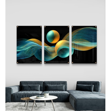 שלישיית תמונות זכוכית אבסטרקטיות עם גלים וכדורים בגווני טורקיז וזהב על רקע שחור