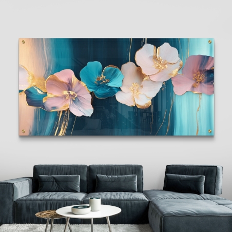 תמונת זכוכית רחבה עם פרחים בגווני ורוד, טורקיז ולבן על רקע כחול עמוק עם נגיעות זהב, מתוך קולקציית תכשיט לבית.   2/2