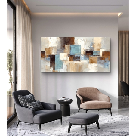 תמונת קנבס אבסטרקטית עם בלוקים בגווני תכלת, בז׳ וחום