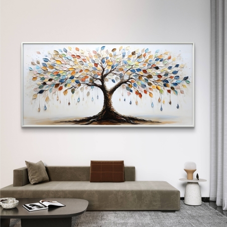 תמונת קנבס לרוחב המציגה עץ רחב עם עלים צבעוניים וטיפות תלויות – עיצוב אומנותי לבית עם תחושת טבע וחיים.