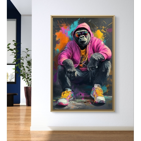 תמונת קנבס המציגה גורילה בלבוש צבעוני, עם מעיל ורוד, משקפי שמש ורקע גרפיטי צבעוני.