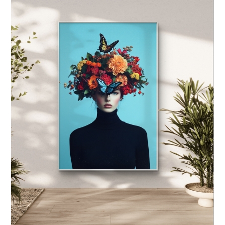 תמונת קנבס המציגה אישה עם כובע פרחים צבעוני ופרפרים על רקע כחול.