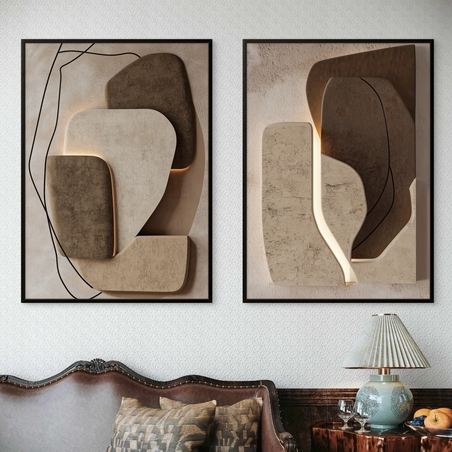 זוג תמונות קנבס בעיצוב מודרני בגווני בז' וחום עם קווים מינימליסטיים – מתוך קולקציית NEXTGEN BY BAR של תכשיט לבית.