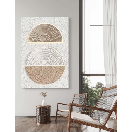 תמונה מינימליסטית בעבודת יד עם חצאי עיגולים תלת־ממדיים בגווני בז' ולבן מבית תכשיט לבית