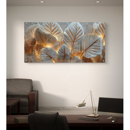 עלי זהב ולבן על זכוכית – תמונת זכוכית יוקרתית למשרד ולסלון | GX4175
