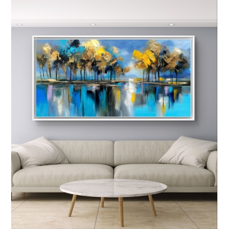 תמונת קנבס לרוחב של עצים מופשטים בגווני זהב, טורקיז וכחול המשתקפים באגם שקט – מודפסת על קנבס חלק באיכות גבוהה.