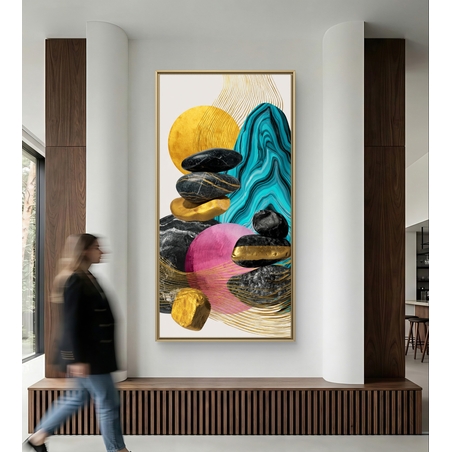 תמונת אמנות עכשווית עם אבנים מאוזנות ורקע טורקיז דרמטי.