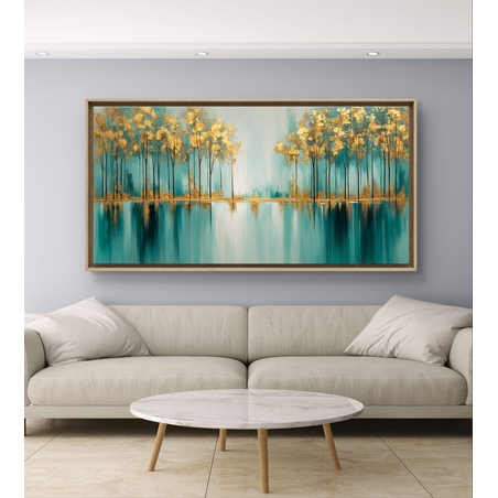 אגם זהב – תמונת קנבס עצים מוזהבים מעל השתקפות טורקיז רגועה | CK7122