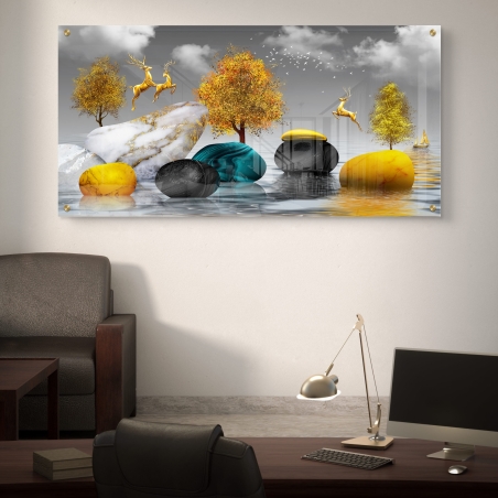 תמונת זכוכית מחולקת עם איילים מוזהבים קופצים מעל אבנים צבעוניות ועצים בשלכת, על רקע שמיים דרמטיים