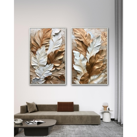 זוג תמונות קנבס לסלון בסגנון עלים 