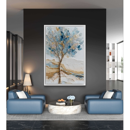 ציור עץ עדין בגווני תכלת וזהב על קנבס
