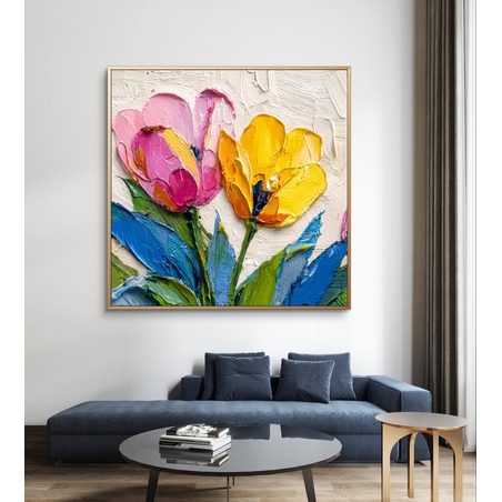 תמונת קנבס מרובעת עם פרחים ורודים וצהובים בסגנון אימפסטו על רקע בהיר