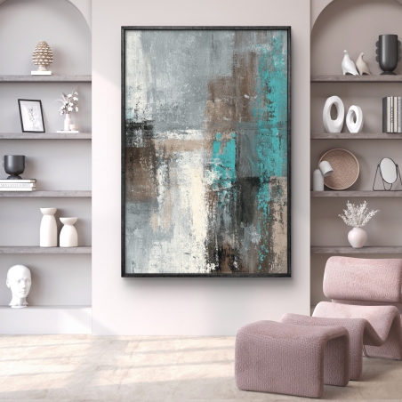 תמונה מופשטת עומדת על קנבס בגווני אפור, טורקיז ובז' בעיצוב מודרני עם הדפסה חלקה, מתוך קולקציית תכשיט לבית
