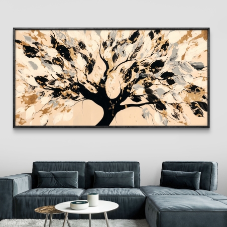 תמונת קנבס של עץ אבסטרקטי בגווני שחור, זהב ולבן מתוך קולקציית תכשיט לבית