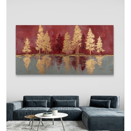 יער הזהב האדום – תמונת קנבס עצי זהב על רקע בורדו | CY4511
