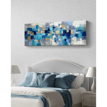 תמונת קנבס פנורמית מופשטת בגווני כחול וטורקיז עם נגיעות זהב – תכשיט לבית