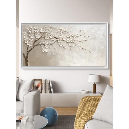 תמונת קנבס רחבה עם הדמיה תלת-ממדית של פריחת עץ לבנה, בעיצוב טקסטורלי עשיר בגוונים טבעיים, יוצרת תחושת רוגע ויוקרה לכל חלל.