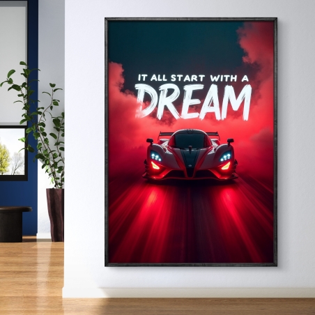 תמונת קנבס לאורך עם רכב אדום וכיתוב “It all start with a dream”, עיצוב מודרני ואיכותי מבית תכשיט לבית.