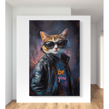 תמונת קנבס של חתול עם מעיל עור שחור, משקפי שמש וכיתוב 