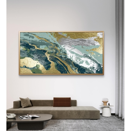 תמונת קנבס אבסטרקט בגווני טורקיז, שחור ולבן עם נגיעות זהב וכסף בסגנון מרבל יוקרתי