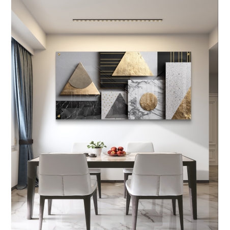 תמונת זכוכית גיאומטרית יוקרתית בגווני שחור וזהב בעיצוב מודרני מבית תכשיט לבית