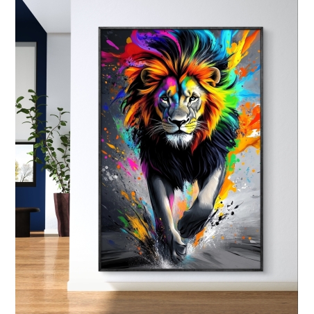תמונת קנבס של אריה עוצמתי עם רעמה בצבעים חיים ודינמיים, על רקע אפקט צבעוני מלא אנרגיה, מתאימה לעיצוב סלון, משרד או כל חלל מודרני עם אופי ייחודי.