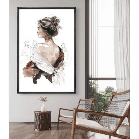 תמונת קנבס אנכית של אישה בגווני חום ולבן בסגנון סקיצה מודרנית, תלויה על קיר בסלון בעיצוב נקי עם ריהוט עץ בהיר ועיטורים עדינים.