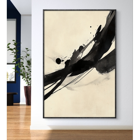 תמונת קנבס מינימליסטית עם תנועות מכחול שחורות על רקע בהיר – עיצוב אמנותי מודרני מתוך הקולקציה של תכשיט לבית.