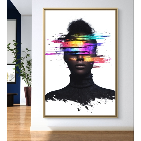 תמונת קנבס של אישה כהה בגוונים מינימליסטיים עם מריחות צבע ניאון עזות על הפנים, בסגנון מודרני ומופשט – מקולקציית תכשיט לבית.