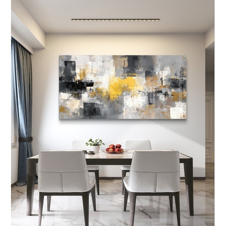 תמונת זכוכית לרוחב בעיצוב אבסטרקטי בגווני אפור, שחור וזהב עם מראה מודרני ויוקרתי