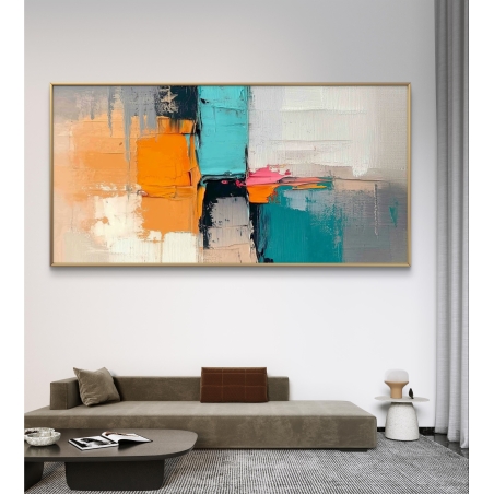 תמונת קנבס לרוחב בסגנון אבסטרקט בצבעים טורקיז, כתום, ורוד ואפור, עם מרקם צבע עבה ועיצוב מודרני.