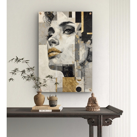 תמונת זכוכית בהדפסה חלקה של דיוקן נשי מודרני בגווני שחור, אפור ולבן עם נגיעות זהב יוקרתיות.